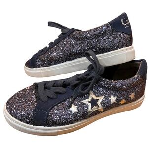 Sam Edelman Navy Glitter Star Sneakers Blue White Platform Low Tops Tennis Shoe